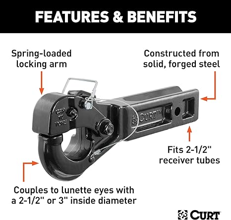 -SALE- Curt Receiver-Mount Pintle Hook -2 1/2" Shank, 20,000 Lbs., 2-1/2" Lunette Rings