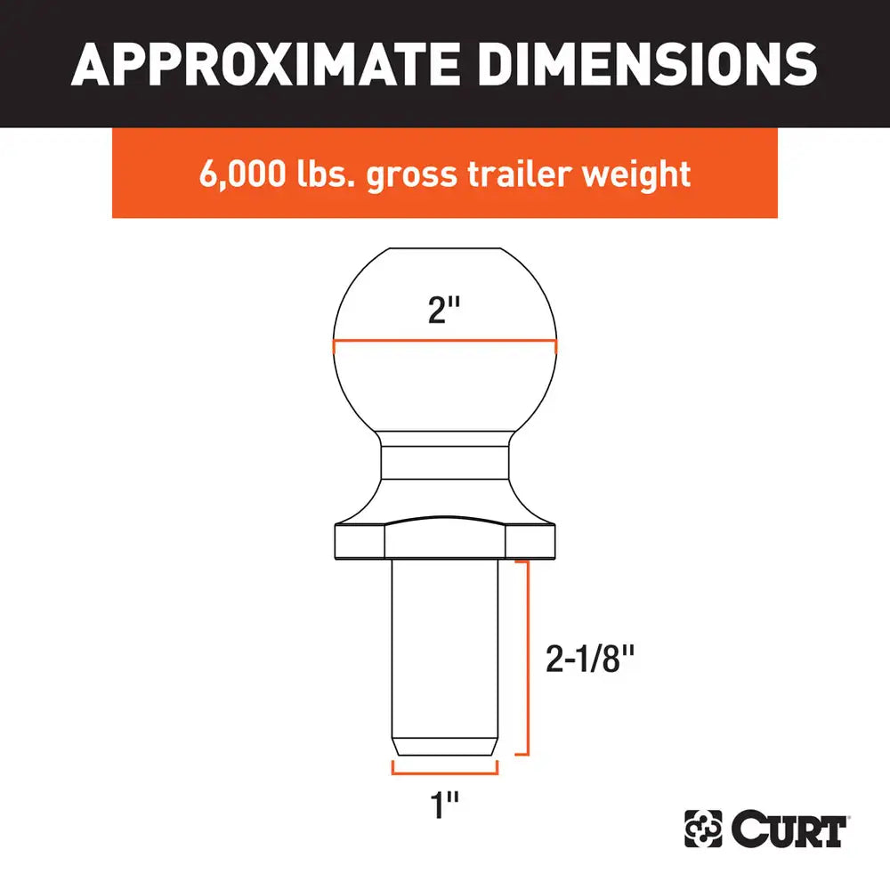 Curt 2" Trailer Ball- 1" x 2-1/8 Shank, 6,000lbs, Chrome