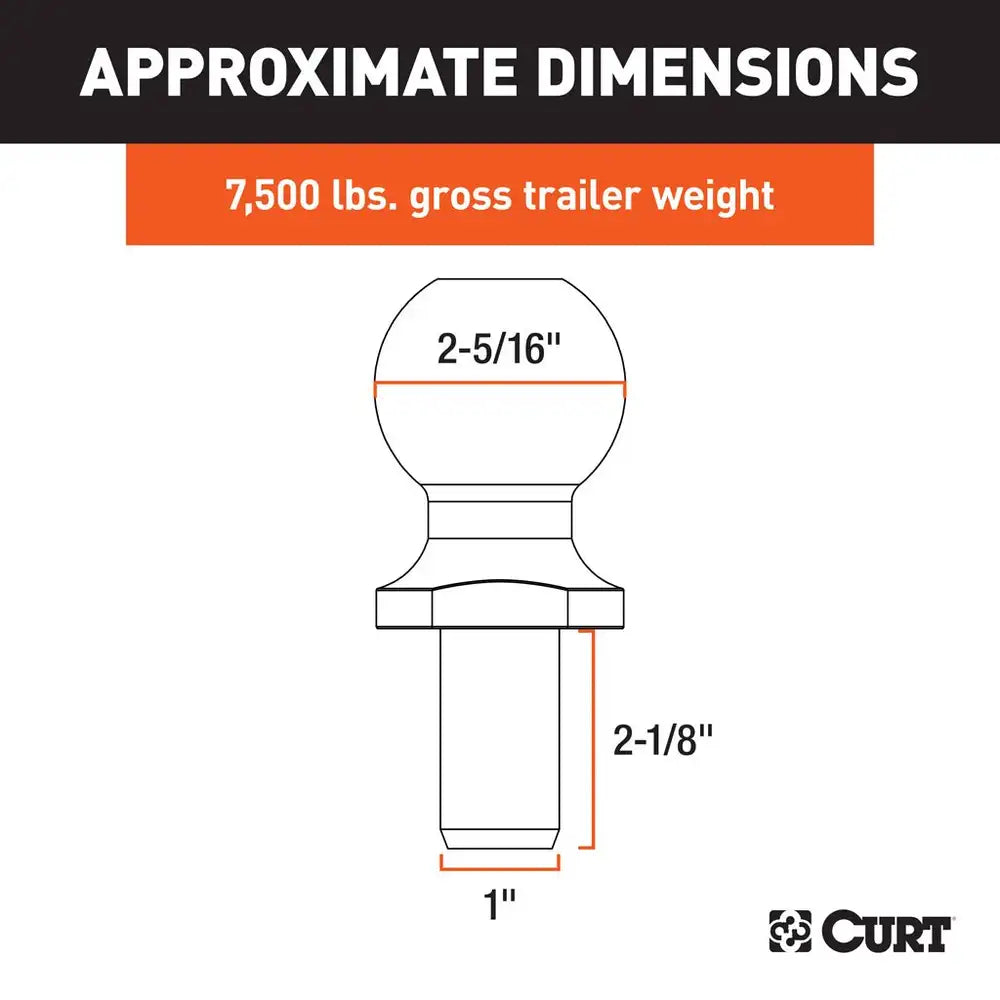 Curt 2-5/16" Trailer Ball- 1" x 2-1/8" Shank, 7,500lbs, Chrome