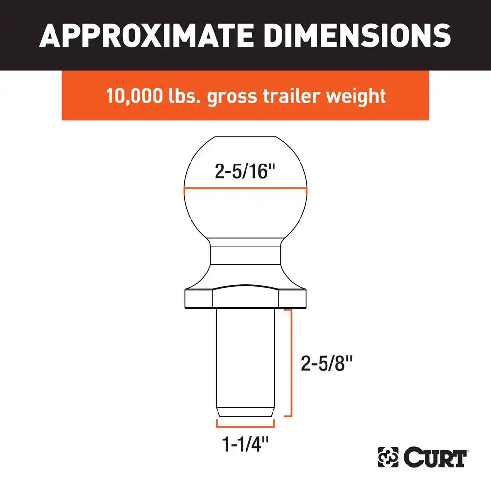 Curt 2-5/16" Trailer Ball 1-1/4" x 2-5/8" Shank, 10,000lbs, Chrome