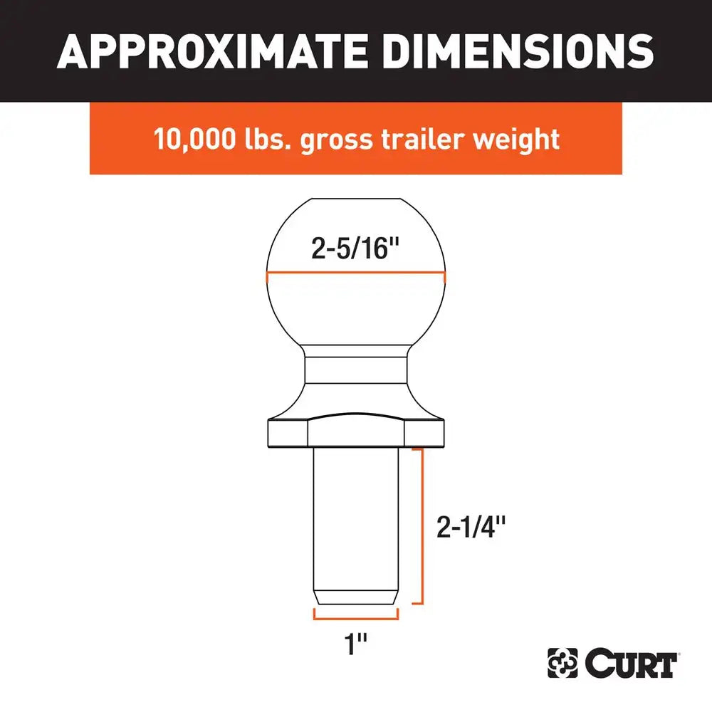 Curt 2-5/16" Trailer Ball- 1" x 2-1/4" Shank, 10,000lbs, Chrome